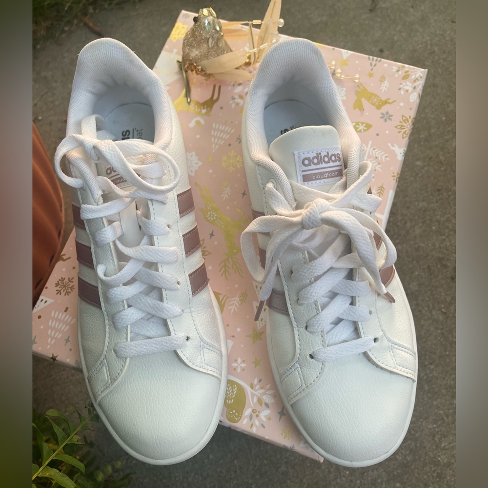 Adidas Women's White Sneakers with Pink Stripes